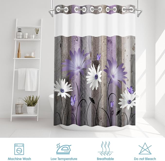 No Hook Rustic Farmhouse Shower Curtain with Snap in Fabric Liner Set, Purple Daisy Flowers and Butterfly on Wooden Double Layers Waterproof with See Through Top Bath Curtain 71x74 Inch