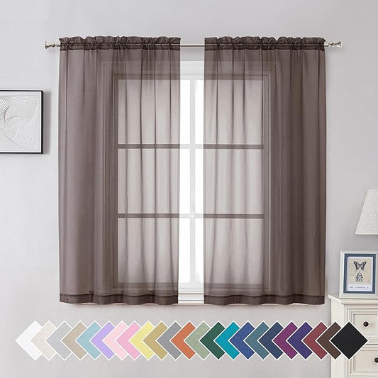 Aiyufeng Chocolate Sheer Curtains 54 Inches Long 2 Panels, Solid Voile Top Dual Rod Pockets Stylish Breathable Drapes Window Treatment for Kid's Room/Bedroom/Living Room, 42W x 54L, Chocolate Brown