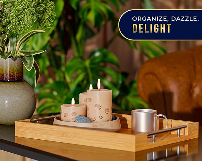 Set of 2 Decorative Serving Trays - Bamboo + Silver Stainless Steel Handles - Coffee Table or Ottoman Tray for Breakfast in Bed Jewelry, Decor Organization - 12"x17" - Pure Bamboo Finish