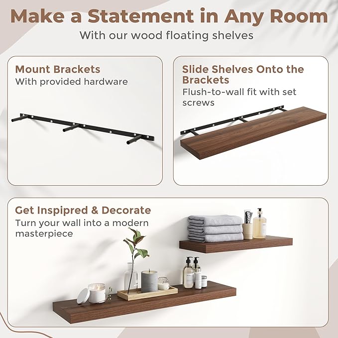 Floating Shelves for Wall with Invisible Brackets, Wall Mounted Engineered Wood Shelves with Wood Grain for Living Room, Bedroom, Bathroom, Kitchen Decor and Storage, Oak, 71"L Set of 2, Walnut