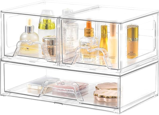 3 Pack Stackable Storage Drawers Clear Acrylic Organizer Makeup Bathroom Organizer and Storage for Beauty Supplies,Ideal for Vanity, Cabinet,Bathroom,Pantry Organization