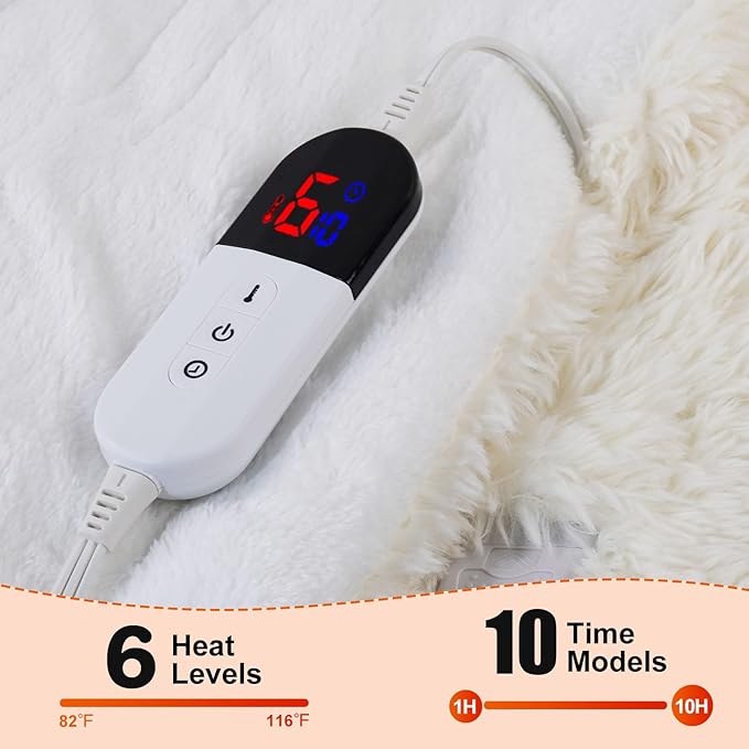 Heated Blanket with 10 Hours Auto-Off 6 Heat Level, Cozy Shaggy Faux Rabbit Fur Electric Blanket with Overheating Protection (White, 84"X90")