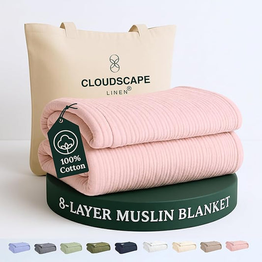 Cloud Scape Linen 100% 8-Layer Cotton Muslin Blanket Queen Size,Lightweight All Season Blanket for Bed, Oversized Cotton Blankets, fits Full Size Bed, 92x92, Seashell Pink
