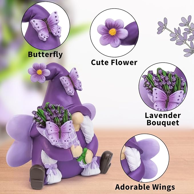 Lavender Gnomes Decor, Spring Resin Garden Gnome Decorations for Home Indoor/Outdoor Pastel Purple Spring Lavender Decorations Farmhouse Butterfly Gnome