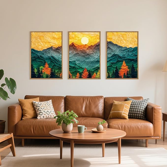 Abstract Mountain Framed Canvas Wall Art Set, Forest Pine Tree Golden Sunset Wall Decor, Mixed Patchwork Landscape Art Print for Living Room, Bedroom, Dining Room, Office - 24"x36"x3