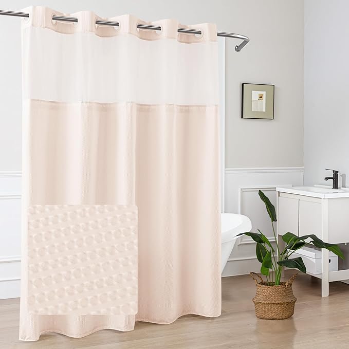 Mrs Awesome No Hook Shower Curtain with Snap-in Liner, Embossed Waffle Design Fabric Shower Curtain for Bathroom, Soft & Lightweight, 71x74, Pink