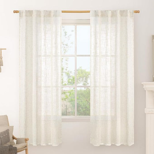 LAMIT Light Filtering Linen Curtains 72 inches Long for Bedroom, Linen Textured Semi Sheer Back Tab and Rod Pocket Boho Drapes for Small Window/Living Room, Cream, 2 Panels, 34 x 72 Inch