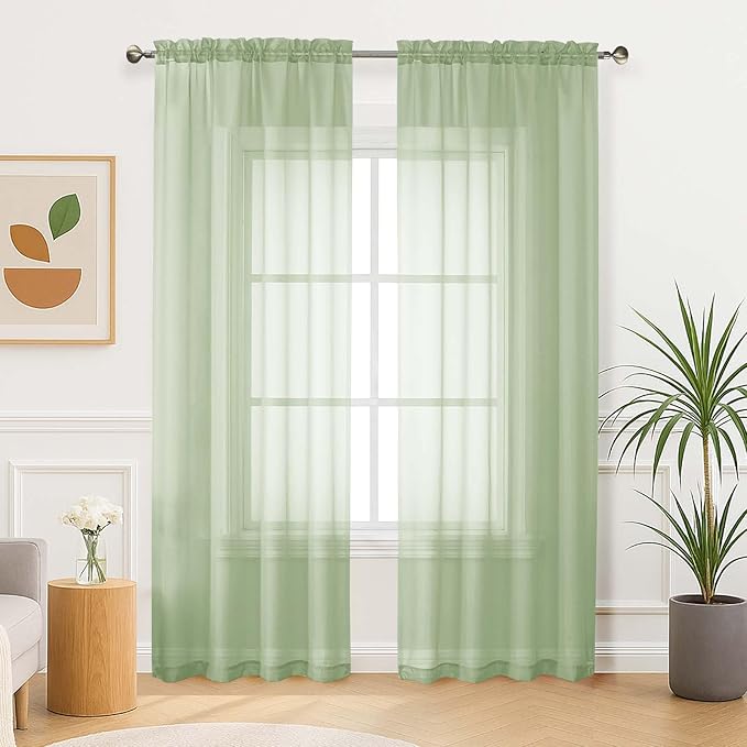Aiyufeng Light Green Sheer Curtains 84 Inches Long 2 Panels Set for Living Room, Light Filtering Green Window Sheer Drapes for Bedroom, Each 42" W x 84" L