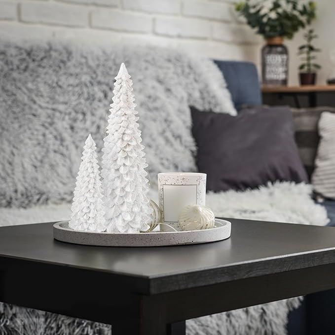 2Pcs Christmas Tree Decoration Figurines, Christmas Tree Statues Glittered Resin Desktop Mini Small Tabletop Ornaments Holiday Fireplace Home Decor Gifts (White)