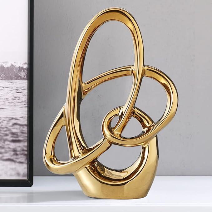 11in Gold Ceramic Statue – Modern Abstract Art Figurine for Shelf, Dining Table Centerpieces, Office, Living Room, Wedding or Coffee Table Home Decor Accent