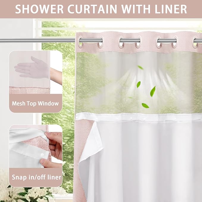 YellyHommy No Hook Shower Curtain with Snap in Liner Set Less Time Waffle Shower Curtain for Bathroom 75" L x 72" W Pink