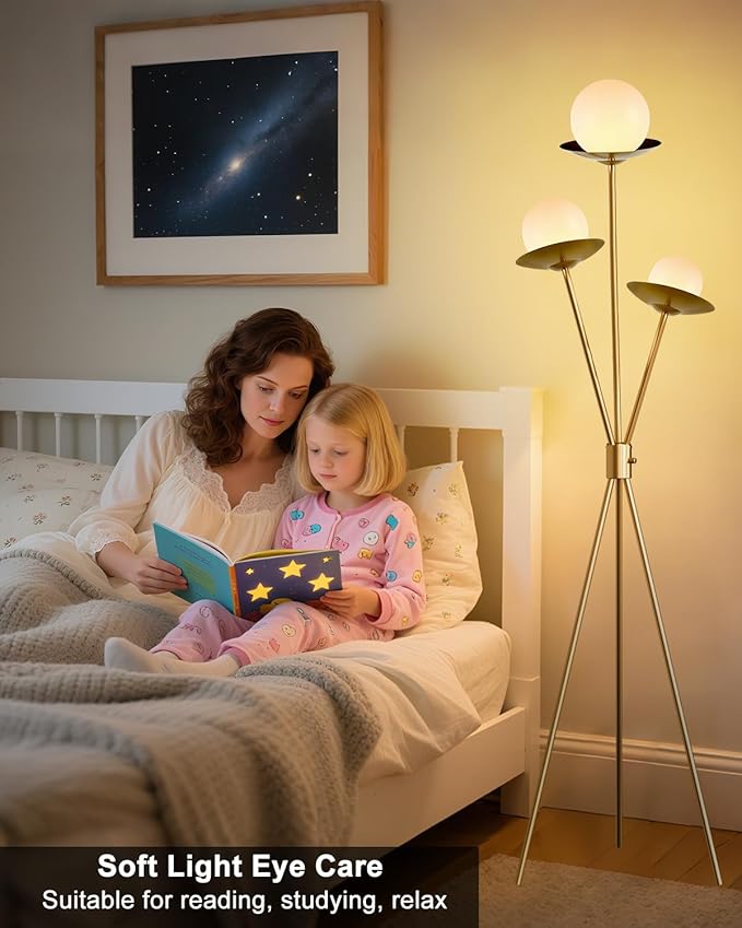 Lightdot Tripod Floor Lamp Dimmable Globe Floor Lamps with 3 LED Bulbs, 3000K Soft Warmwhite Mid Century Modern Standing Lamps Gold Tall Lamp for Living Room Bedroom