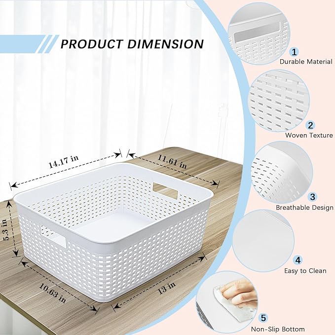 Soddeph Plastic Storage Baskets for Cabinets, Household Pantry Organization with Handle,Organizer Bins for Room,Bathrooms,Under-Sink,Kitchen (White, L-3PACK)