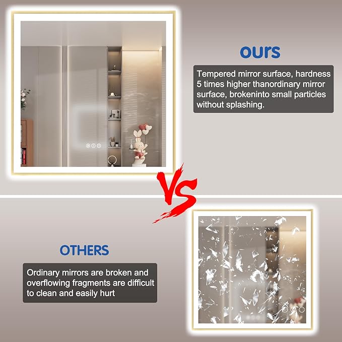 36x36 LED Mirror for Bathroom with Gold Frame, Backlit and Front Lighted Bathroom Mirrors for Wall, Stepless Dimmable Vanity Mirror with Lights, Anti-Fog, Memory,Shatterproof