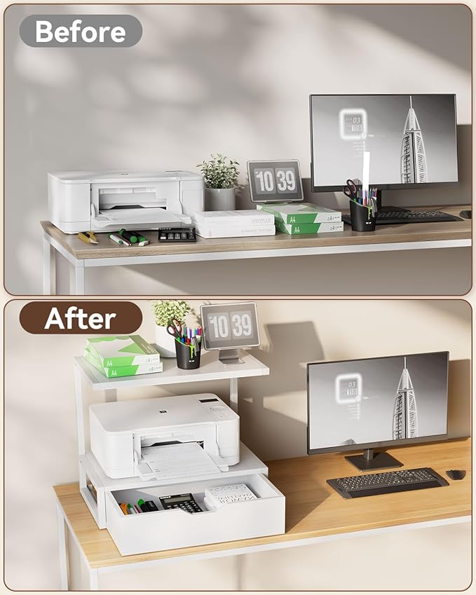 IBUYKE 2 Tier Desktop Printer Stand,Printer Table with Storage Shelf,Multi-Purpose Desk Organizer for Folders,Books,for Fax Machine, Scanner,Home Office,White TLJ015W