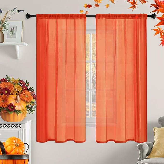 Sheer Curtains 45 Inches Long 2 Panels, Rod Pocket Short Curtain for Kitchen, Bedroom, Cafe Window(Burnt Orange 38" W x 45" L)