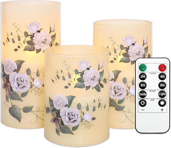 Flameless Candles with Remote & Timer, Love Theme Battery Operated Flickering Glass Rose LED Candles, Bedroom Home Christmas Summer Decor Table Ornament, Set of 3