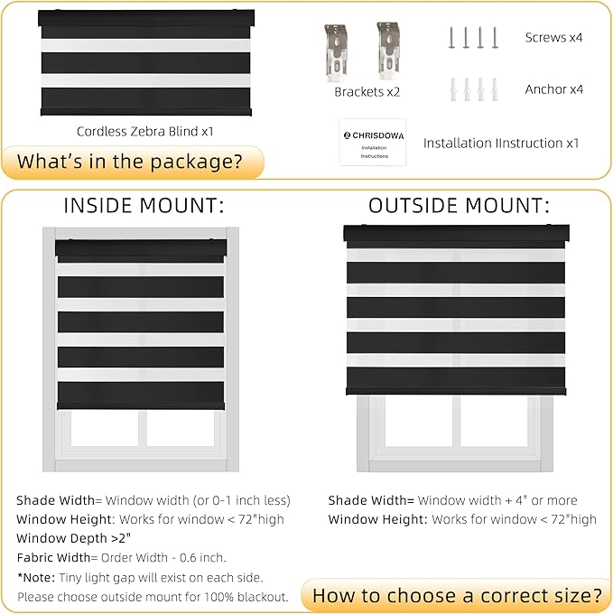 ChrisDowa Cordless Zebra Blinds for Windows, Dual Layer Free-Stop Light Filtering Window Roller Shades, Pull Down Privacy Zebra Shades for Home, Office, Bedroom, Door (40" W x 72" H, Black)