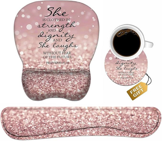 Ergonomic Mouse Pad Wrist Support and Keyboard Wrist Rest Set with Coasters, Non-Slip PU Base, Easy Typing & Pain Relief for Computer Laptop Home Office, Bible Verses Proverbs 31:25