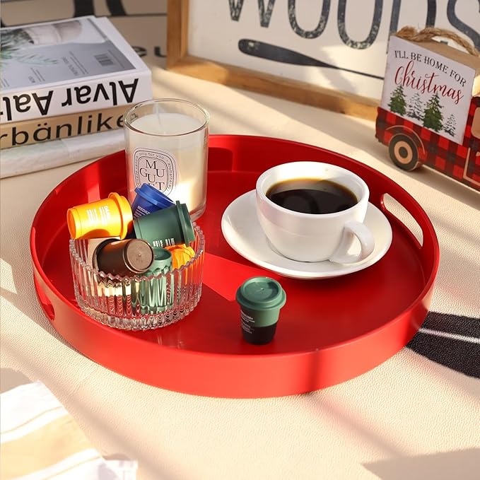 Round Red Decorative Serving Tray with Handles, 13” Versatile Ottoman Tray for Coffee Table, Entertaining, Outdoor Patio, Living Room