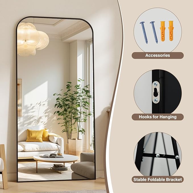 77''x 38'' Full Length Mirror, Rectangular Full Body Mirrors with Stand, Wall Mounted Mirror for Home Decor, Floor Mirror with Aluminum Alloy Thin Frame, Black