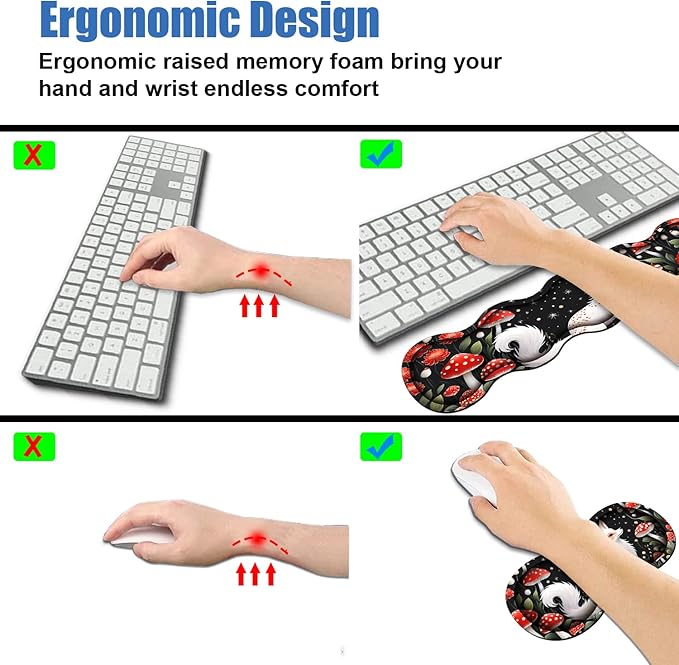 4 in 1 Ergonomic Memory Foam Mouse Pad Wrist Rest Set, Large XXL Gaming Desk Pad + Keyboard Wrist Rest + Mouse Wrist Cushion + Coaster for Home Office Study Gaming, White Fox Mushroom