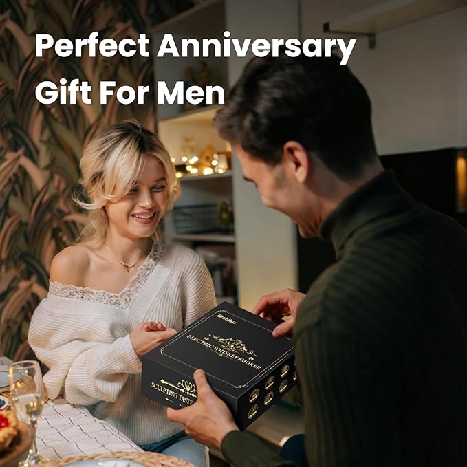 Electric Whiskey Smoker Kit with 8 Wood Chip Flavors – Rechargeable Whiskey Smoker Set with Built-in Ignition, Fuel-Free – For Men, Dad, Husband on Special Occasions – Wood Grain Design