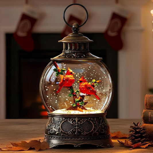 Christmas Snow Globe Lighted Cardinal Holly Scene, Musical Snow Water Lantern Swirling Glittering Home Decoration and Gift, Battery Operated or USB Powered