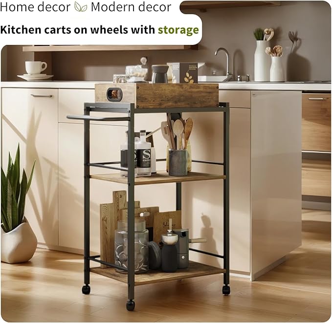 3-Tier Bar Cart for The Home, Rolling Cart with Wheels and Handle, 3-Tier Serving Cart with Removable Tray, Kitchen Carts on Wheels with Storage