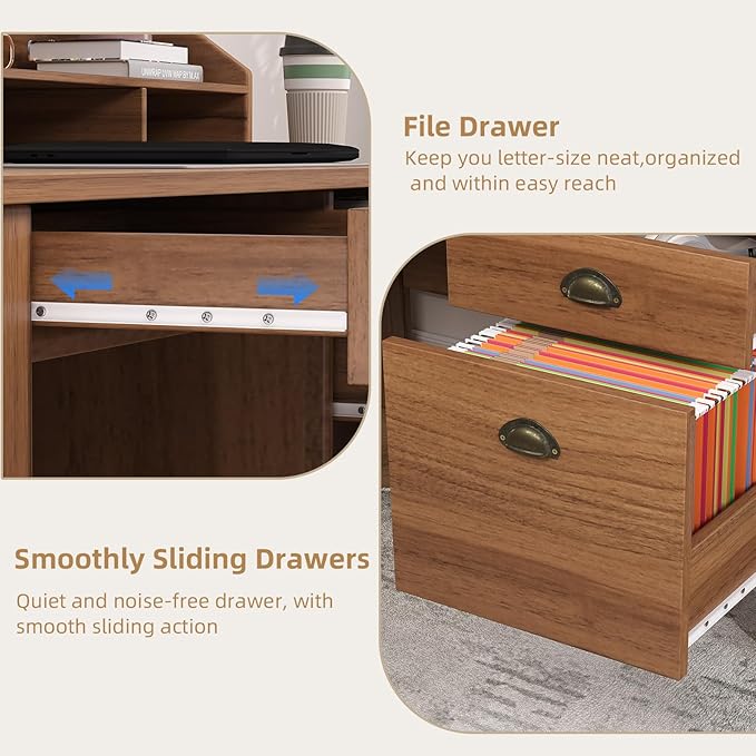 4 EVER WINNER Wooden Desk with Drawers, Small Desk with Monitor Stand and File Drawe, Office Desk with Drawers for Bedroom Small Spaces, Walnut