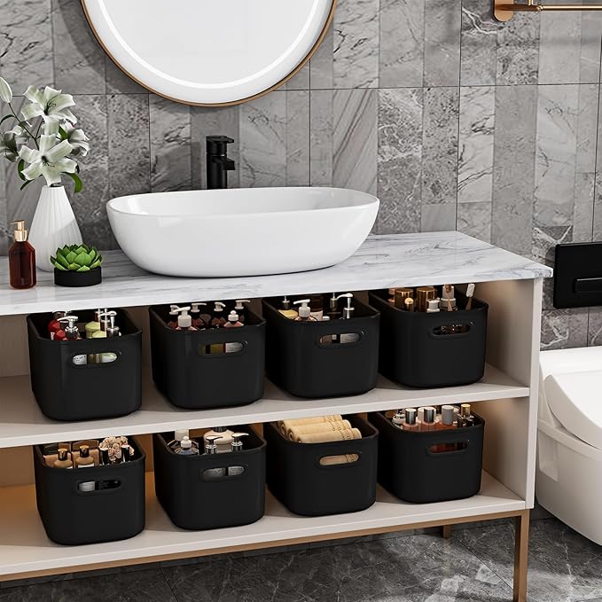 6 Pack Black Storage Bins with Lids for Shelves, Plastic Storage Containers with Lids for Organizing, Stackable Storage Boxes with Handle, Black Storage Bins for Classroom, Craft, Snacks