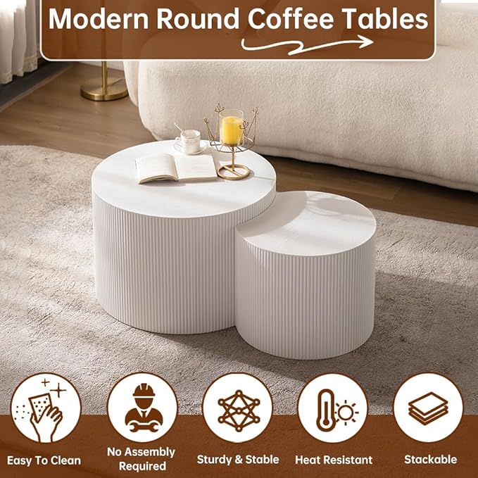 Round Nesting Coffee Table Set of 2 Modern White Fluted Coffee Table Small Round End Table Crescent Side Table Circular Coffee Tables Nested Coffee Tables for Living Room (Cream Small)
