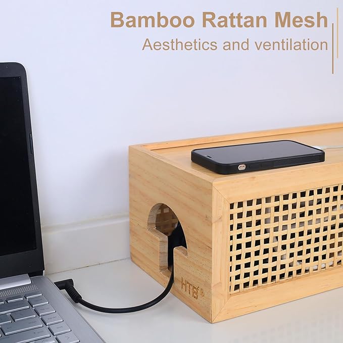HTB Pinewood Cable Management Box with Bamboo Rattan Mesh - Vintage Cord Organizer for Desk with Valet Tray, Pull-Out Lid Design Safe for Kids and Pets