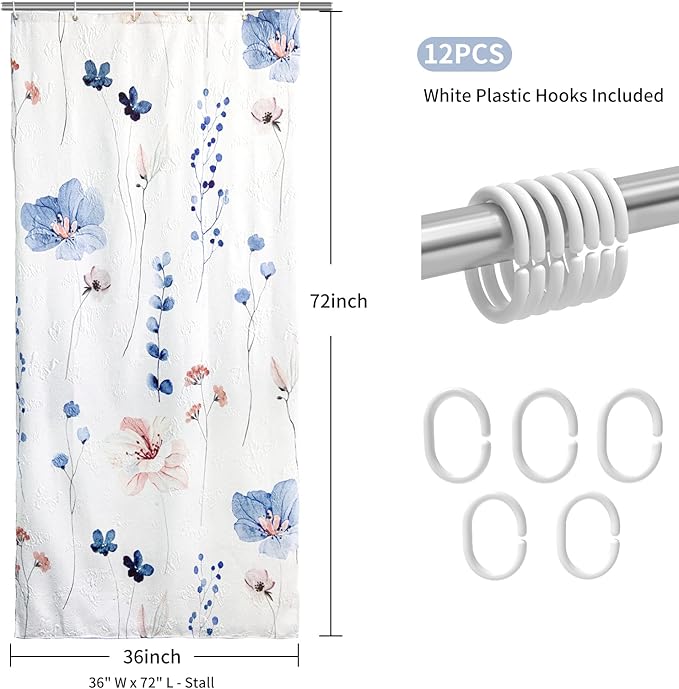 QIYI Small Stall Half Watercolor Floral Shower Curtain, 3D Embossed Butterflies Blue Flower Cloth Bathroom Curtain, Waterproof Fabric White Shower Curtain Set with Hooks