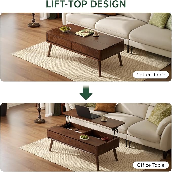 Lift Top Coffee Table, 100% Solid Oak Wood Walnut Coffee Table with Drawers and Hidden Compartments, Rectangular Coffee Tables with Storage for Living Room Home Decor (39.37" L x 21.65" W x 25.59" H)