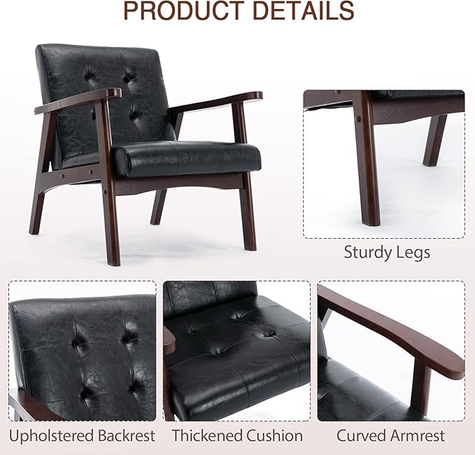 Bonzy Home Mid Century Modern Accent Chairs Set of 2 for Living Room, Upholstered Faux Leather Armchair Comfy Retro Bedroom Side Chair with Solid Wood Frame, Black