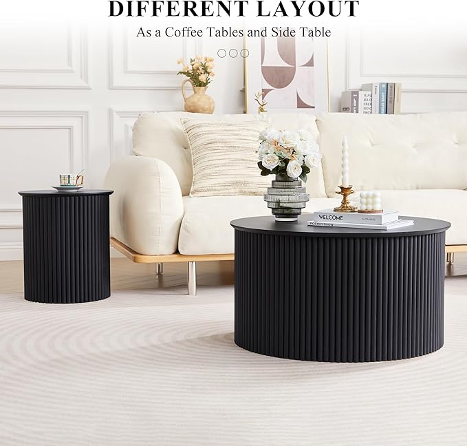 Fluted Round Nesting Coffee Table Set of 2, Mid Century Modern Wood Coffee Table and End Table Set, Minimalist Center Tables Circle Side Table for Living Room, Office(Black