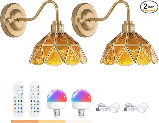 Vintage Battery Operated Wall Sconce Set of 2 with Remote, Rechargeable Wall Lamp 3 Colors Dimmable, Gold Lights Fixture for Bedroom Living Room Hallway Coffee Stone Triangle Checker