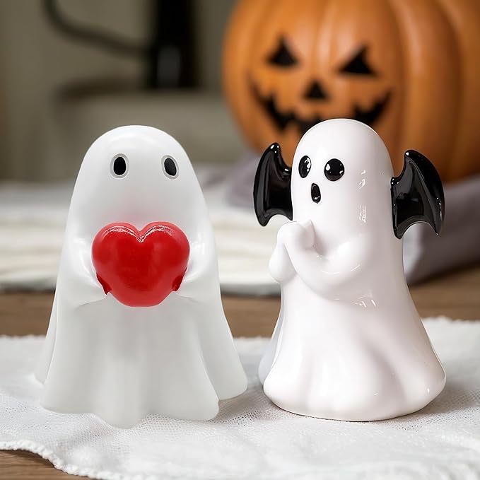 Halloween Cute Ghost Figurine with Red Heart– Resin Mini Statue, Romantic Shelf & Desk Decor, Halloween or Valentine’s Day Gift for Home, Office, and Friends