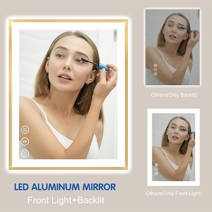 24x30 LED Bathroom Mirror with Gold Frame, Backlit and Fron Light, Anti-Fog, Dimmable, Memory Function, Shatterproof, LED Vanity Mirror for Bathroom(Horizontal/Vertical Hangs)