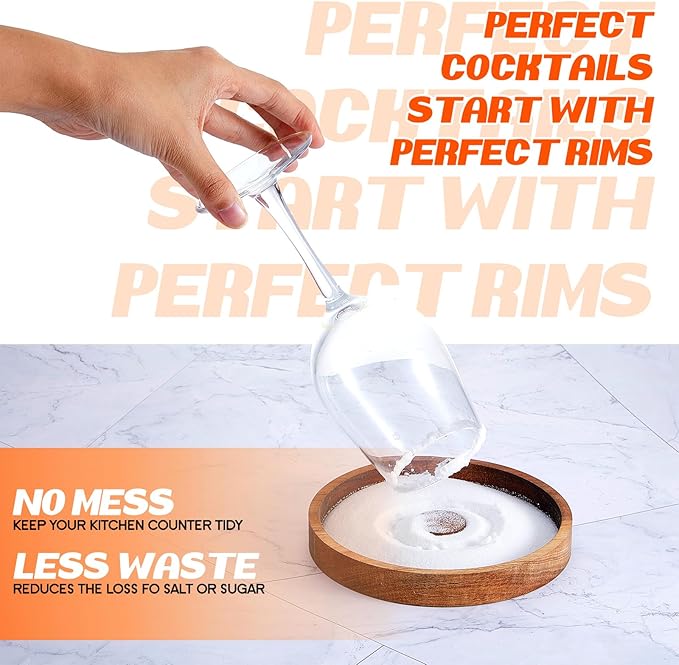 8 Pcs Margarita Salt Rimmer Set Glass Rimmer with Lid Home Bar Accessories Plate for Sugar Drinks Cocktails Bartender Tool Kit Party Restaurant, 5.9" Diameter (Acacia Wood)