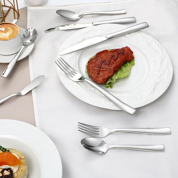 Lazycorner 53 Piece Silverware Set wiith Steak Knives and Serving Utensils 304 Stainless Steel Flatware Set Mirror Polished Eating Utensils Sets Silverwear Cutlery Set, Dishwasher Safe