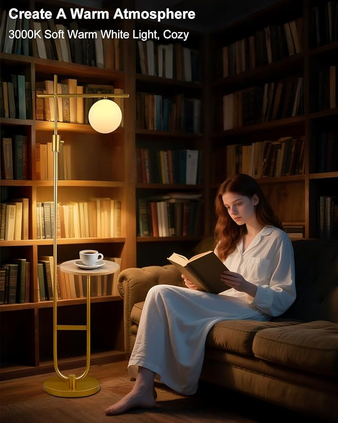 Lightdot 66IN Gold Dimmable Floor Lamps with Storage Table, Modern Standing Tall Lamp with Milky White Globe Lampshade, Cross-Shaped Lamp Head and U-Pole Base Style for Living Room/Bedroom/Office