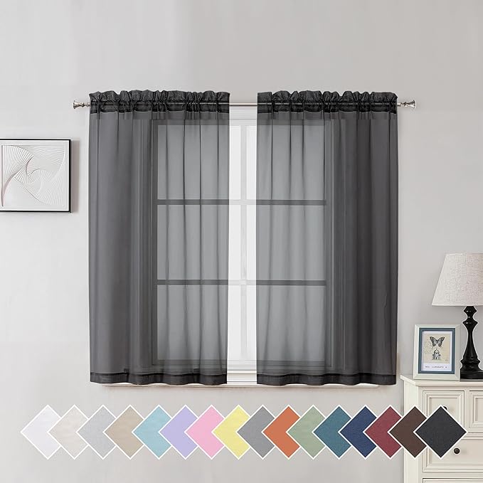 Aiyufeng Black Curtains - Farmhouse Semi Sheer Window Covering, Light & Airy Privacy Panels for Bedroom, Living Room, Patio, Glass Door, 40 inch Width x 45 inch Length, Set of 2