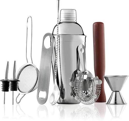 Cocktail Shaker Bartender Kit – Stainless Steel Drink Mixer Bar Accessories for The Home Bar Set with Travel Bag – Includes Muddler, Jigger, Strainer, Bar Spoon – 10-Piece Professional Cocktail Set