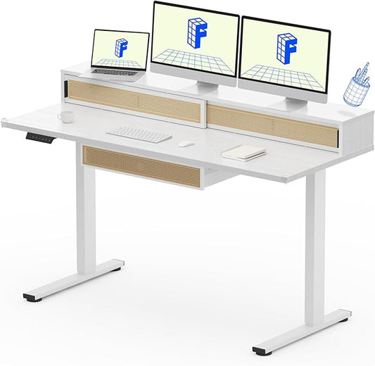 FLEXISPOT Q4 One-Piece Standing Desk with Rattan Drawers, 55 x 24 Inch Adjustable Height, Electric Stand Up Table with Monitor Shelf, Home Office Ergonomic Computer Desk with Memory Presets, White