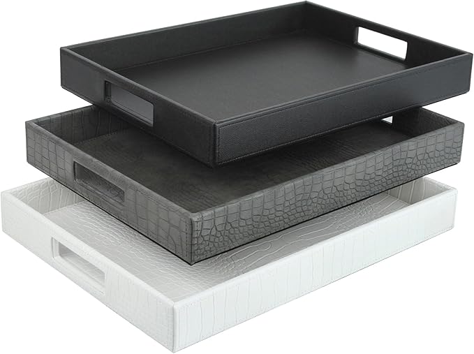 HofferRuffer Rectangle Serving Tray with Hole Handles for Coffee Table, Breakfast, Tea, Food, Butler - Countertop, Kitchen, Vanity Serve Tray, 16.2 x 12.2 x 2 inches, Faux Leather Tray (Black)