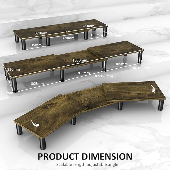 AX WABER Dual Monitor Stand Riser, Monitor Stand with Adjustable Length and Angle, Wood Monitor Stand for Desk, Monitor Riser for 2 Monitors with Storage Space