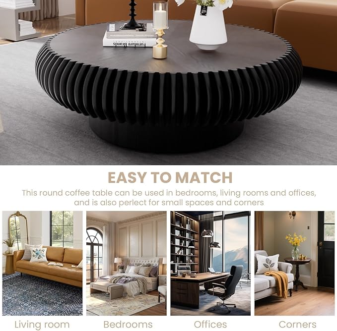 Fluted Drum Coffee Table Round Coffee Table for Living Room Mid Century Modern Coffee Tables with Sturdy Pedestal Circle Center Tea Table Accent Tea Table for Small Space Apartment (39.4inch Black)