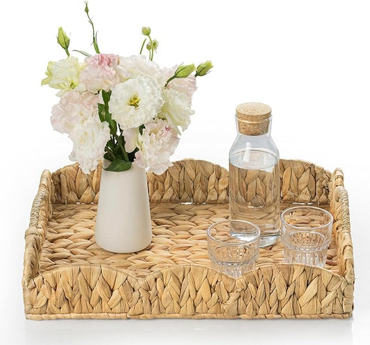 Water Hyacinth Serving Tray, Handwoven Woven Tray with Handles and Scalloped Edge, Rectangle Wicker Basket for Home Decor and Organizing, 16.9" L x 12.9" W x 1.96" H